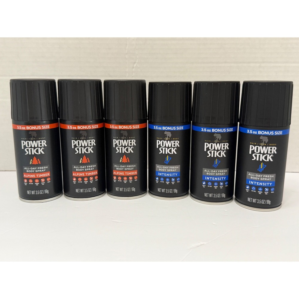 Power Stick Body Spray Bundle 6 Pack Alpine Timber and Intensity 3.5 oz Each